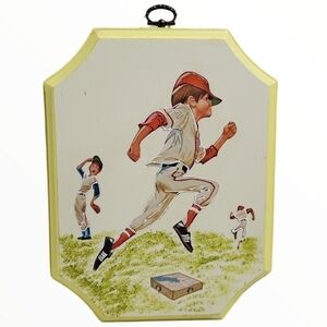 Vintage wood handpainted boys baseball wall plaque